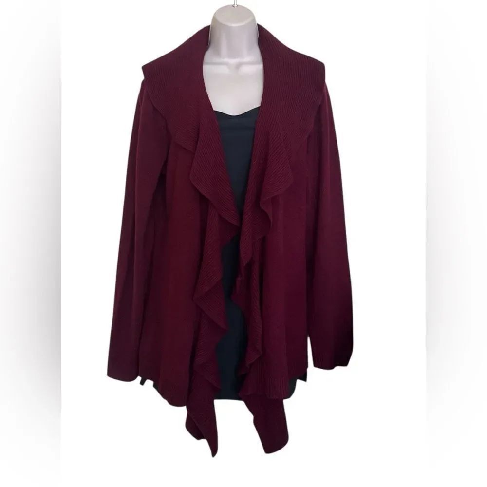 KAREN Scott Burgundy Waterfall Cardigan Sweater Ruffle Long Sleeve L